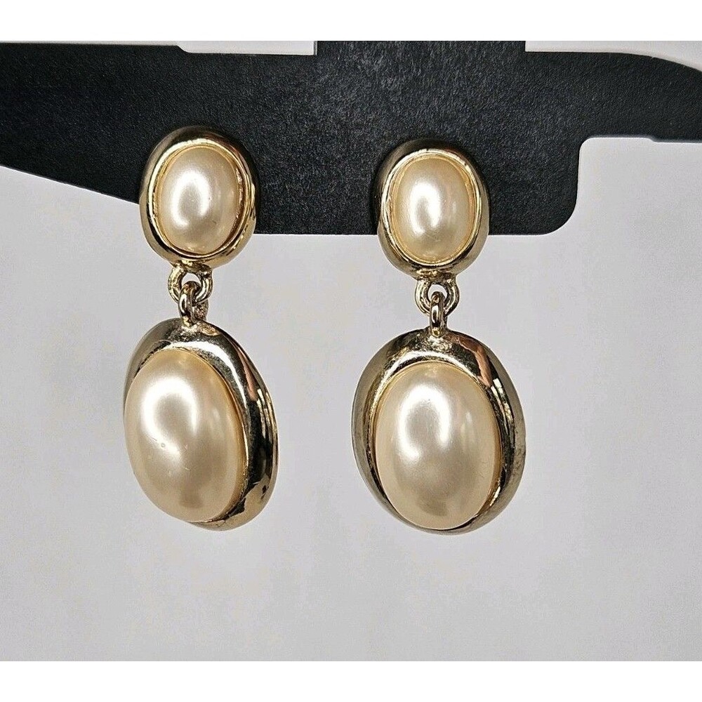 Vintage Signed Hobé Faux Pearl Drop Clip-On Earrings Gold-Tone Hollywood Regency